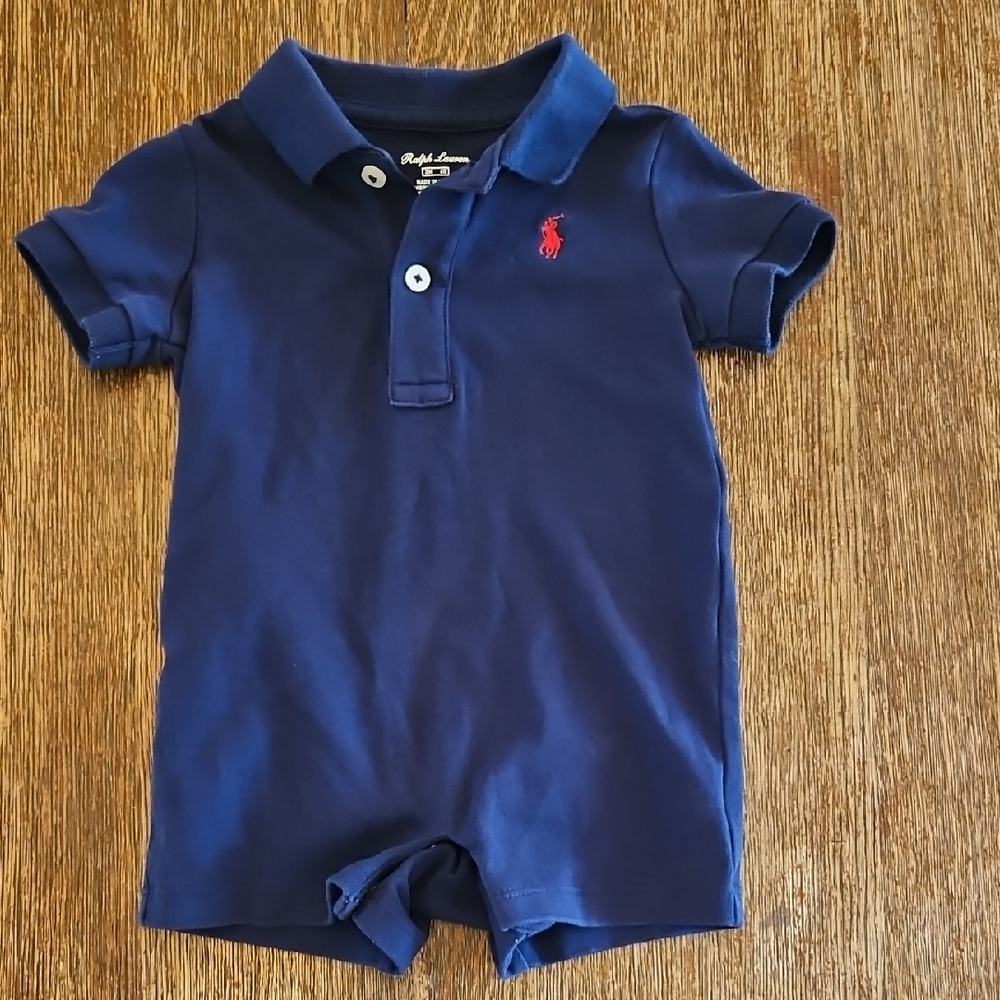 Ralph Lauren Soft Cotton Polo Shortall, Refined Navy, Size 3M